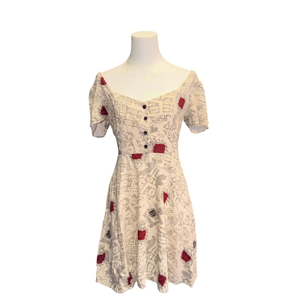 Harry Potter Marauders Map Dress Womens XS Cream Short Sleeve Button Front Mini